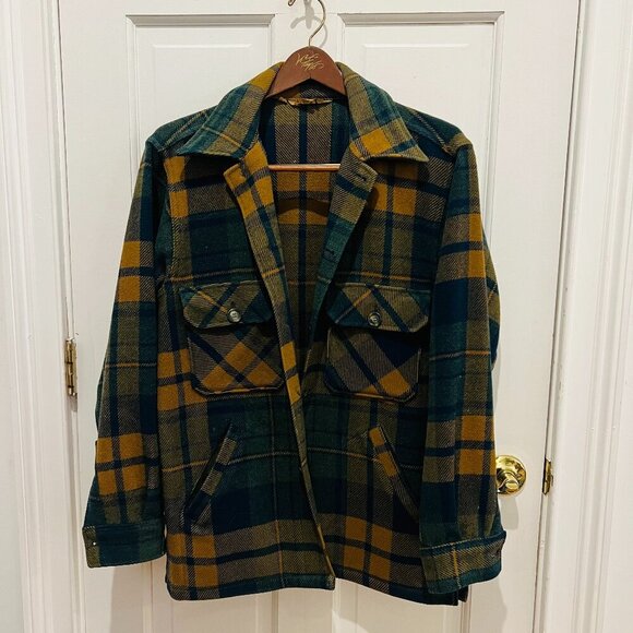 Vintage WOOLRICH Plaid Wool Coat, 1960s Hunting Jacket, M/L 42, Green/Blue/Tan - Picture 1 of 16